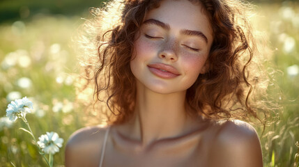 Naklejka premium Serene Woman with Freckles in a Sunny Meadow: A Portrait of Natural Beauty
