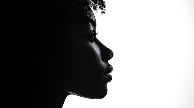 Profile portrait capturing a beautiful young black woman with striking afro hair, highlighting her facial features against a clean white background, exuding elegance and serenity