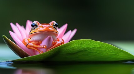 Naklejka premium A vibrant orange frog perched gracefully on a pink water lily leaf, set against a soft, blurred green background.