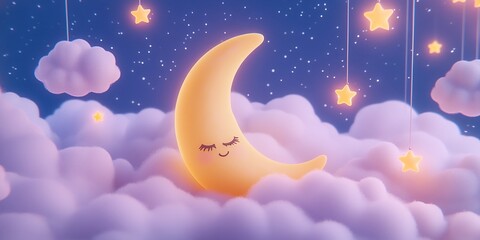 Fototapeta premium Sleepy Moon Dreams: A whimsical 3D illustration of a smiling crescent moon resting peacefully on fluffy clouds amidst a starry night sky. The image evokes a sense of serenity and tranquility.