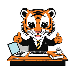 A cute cartoon tiger cub on a laptop in an office setting with striped orange fur