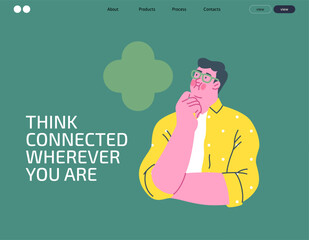 Thinking people, modern flat vector concept illustration- man standing thoughtfully, looking upwards, bubble near his head Metaphor for reflection, analysis, introspection, contemplation, deep thought