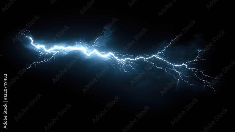 Poster isolated lightning bolt with extensive branching against dark background illustrating power and natu