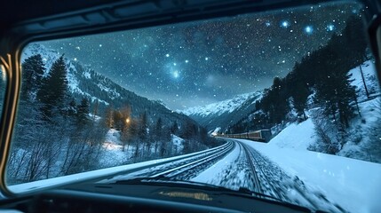 Train traveling through snowy valley at night with starry sky viewed from inside vehicle, creating a magical and surreal winter wonderland scene