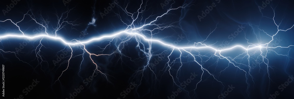 Poster dramatic lightning bolt with extensive branching structure illuminating dark sky and creating striki