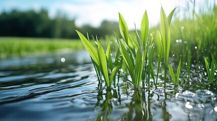 Obraz premium A serene close-up of fresh green grass emerging from rippling water, illuminated by sunlight, showcasing nature's beauty and tranquility.