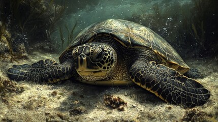Obraz premium Green Sea Turtle Resting on Sandy Ocean Floor During a Quiet Underwater Moment in a Tropical Marine Environment