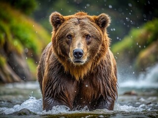 Obraz premium Grizzly Bear River Rain Dramatic Wildlife Photography