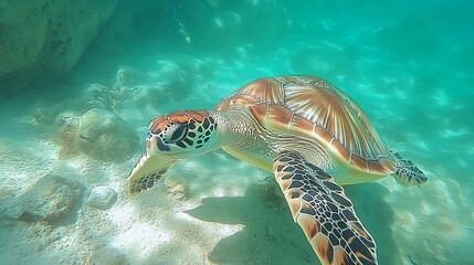 Fototapeta premium Green Sea Turtle Exploring a Vibrant Underwater Landscape Near Coral Reefs in a Tropical Ocean Setting