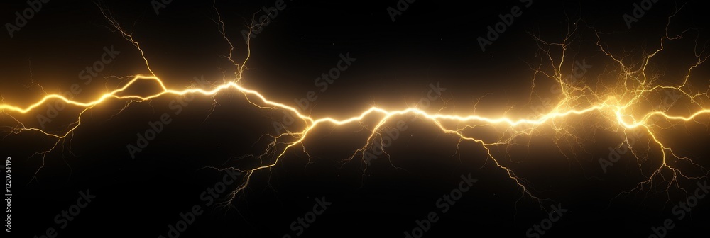 Poster isolated lightning bolt with extensive branching illuminating a dark background in a dramatic displa