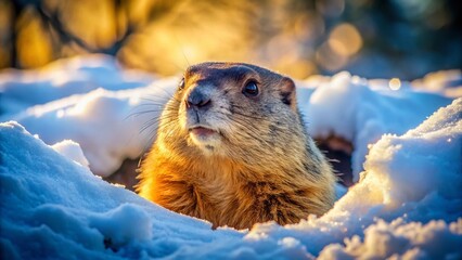 Obraz premium Groundhog Day: Winter Wildlife Emerging from Burrow in Snowy Landscape