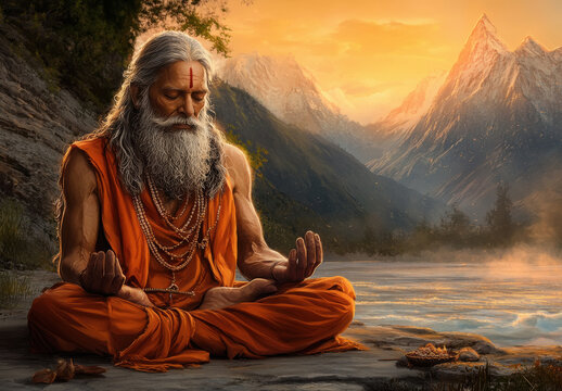 indian hindu religious sadhu or monk in meditation