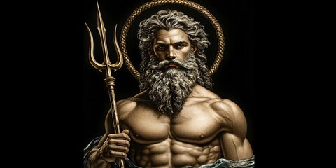 Fototapeta premium Neptune, God of the Sea: A majestic statue of Neptune, the Roman god of the sea, powerfully rendered in bronze hues. He holds his trident, embodying strength and dominion over the ocean. 