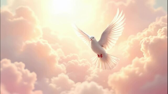 Majestic white dove soaring through soft pastel clouds at sunset