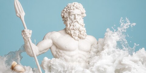 Poseidon's Fury: A majestic marble sculpture of Poseidon, the Greek god of the sea, emerges from the waves, his trident raised in a powerful pose.
