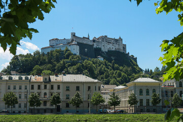 Fototapeta premium The Hohensalzburg Fortress on a hilltop surrounded by lush greenery