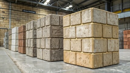 Seamless painted cinder blocks in neutral tones arranged in industrial setting, textured surface