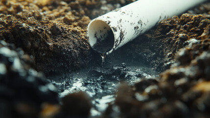 action shot of a white plastic pipe drilling deep into the earth, passing through multiple layers of soil, rock, and sediment