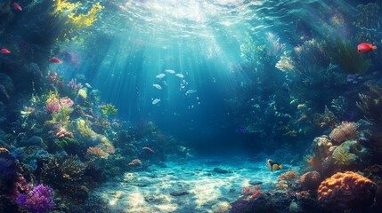 Obraz premium Underwater Scene Showcasing Vibrant Coral Reefs and Diverse Marine Life Illuminated by Sunlight Filtering Through Clear Water