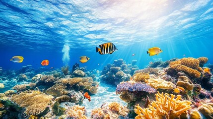 Colorful Underwater Coral Reef With Diverse Marine Life Surrounding a Diver in a Serene Ocean Environment
