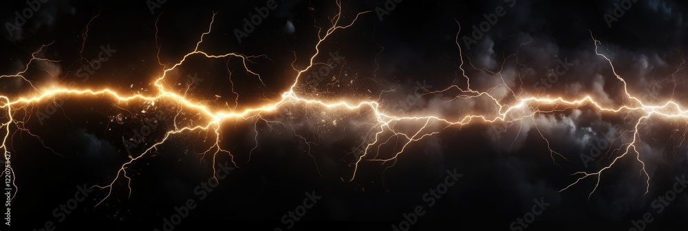 Poster isolated lightning bolt with extensive branching against a dark cloudy background capturing the powe