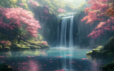 Pink Waterfall Lake Fantasy Nature Painting