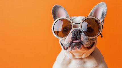 Close-up of French bulldog in oversized circular sunglasses, pastel orange background, whimsical...