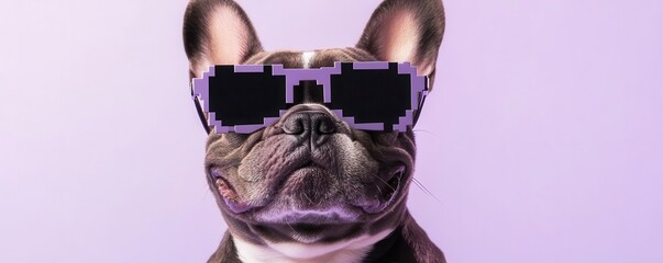 Close-up of French bulldog with pixelated sunglasses, pastel lavender backdrop, gamer-inspired humorous pet photo