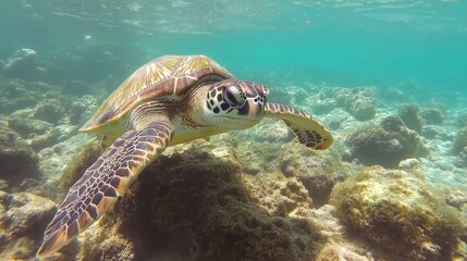 Fototapeta premium Underwater View of a Sea Turtle Swimming Gracefully Over Coral Reefs in Clear Turquoise Water During a Sunny Day