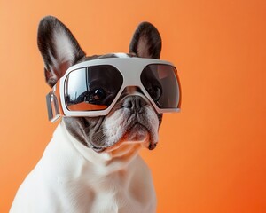 French bulldog in oversized futuristic sunglasses, pastel orange background, sci-fi inspired...