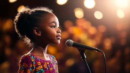 Young African American Girl Confidently Singing into Microphone on Stage, Bright Lights Background