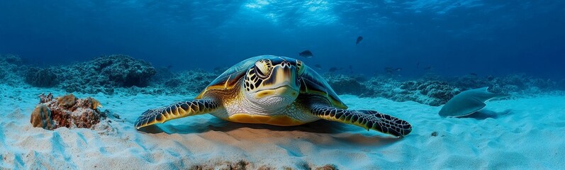 Fototapeta premium Hawksbill Turtle Swims Gracefully Over Sandy Ocean Floor in Clear Turquoise Water Surrounded by Coral Reefs and Fish at Midday