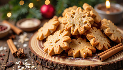 Fototapeta premium Cozy holiday cookies piled on rustic board, festive warmth