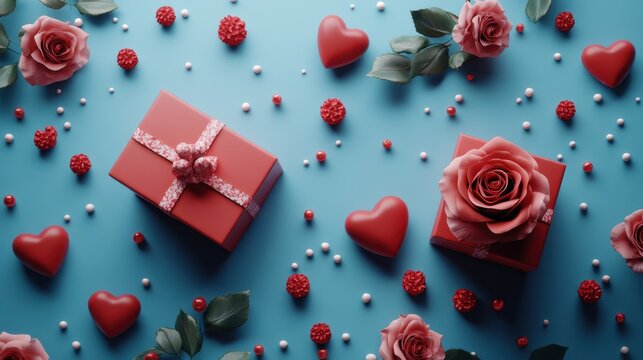 Elegant valentine's day flat lay with roses, hearts, and gift boxes for romantic celebrations