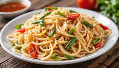 Hearty pancit with vegetables and soy sauce, rustic dining scene