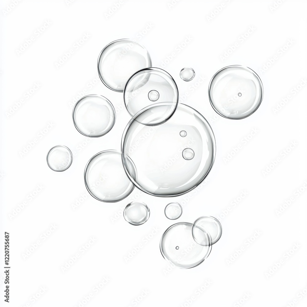 Poster transparent bubbles of various sizes floating isolated on white background