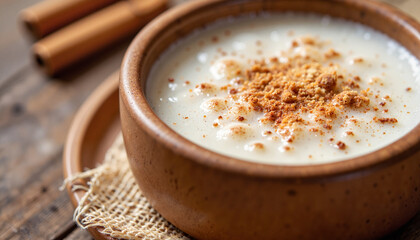 Cozy Finnish riisipuuro with cinnamon in rustic bowl, comfort food