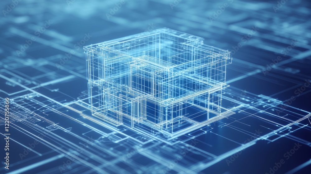 Poster a building project plan featuring a modern house blueprint and a generative ai-rendered 3d visualiza