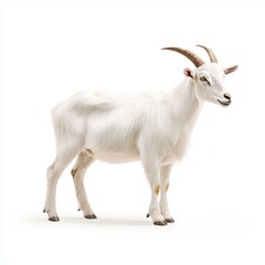 Fototapeta premium White Goat with Detailed Fur and Horns Isolated on White Background