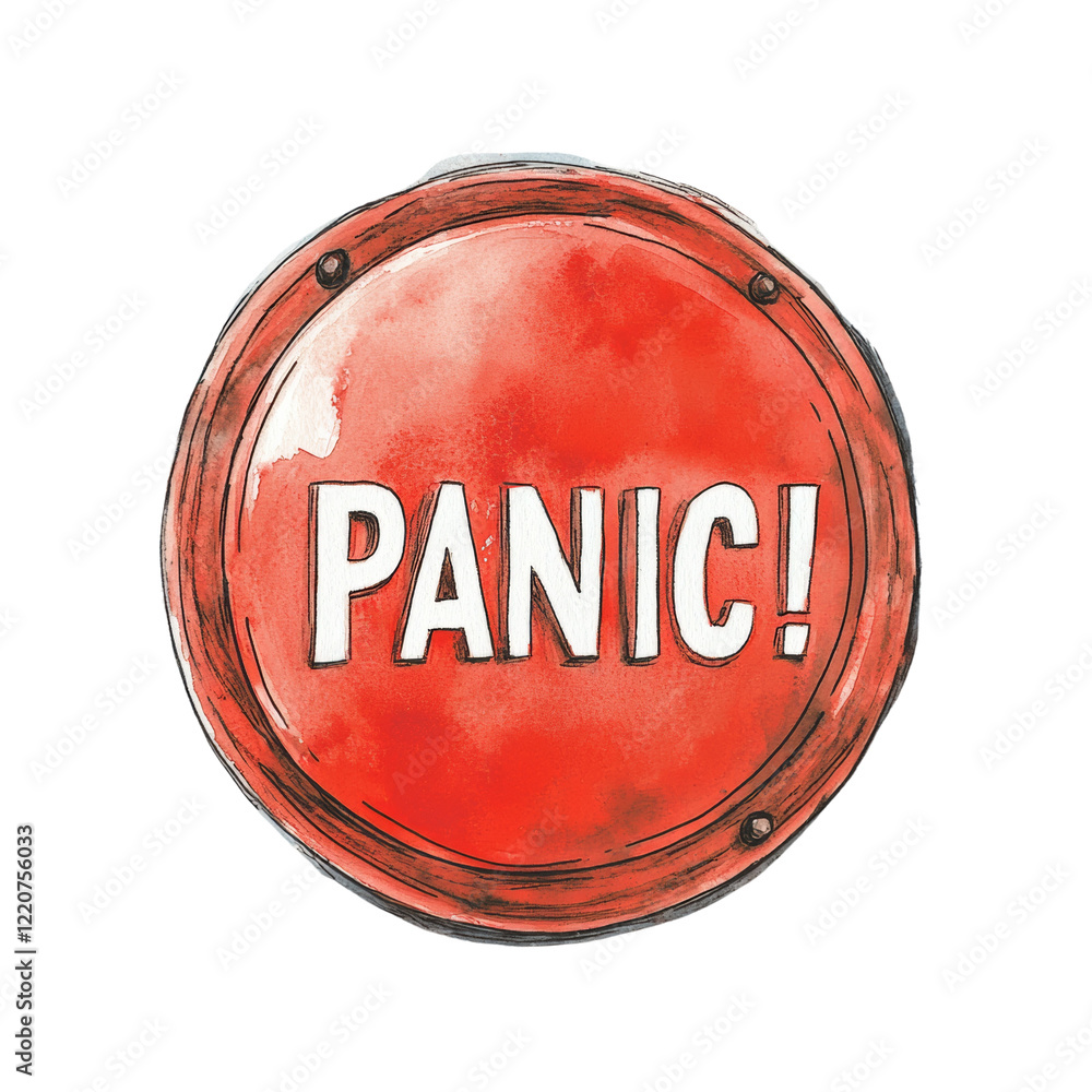 Poster a red circular button depicts panic in white letters