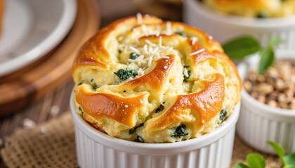Golden-brown spinach souffl&eacute; in ramekin, family dining experience