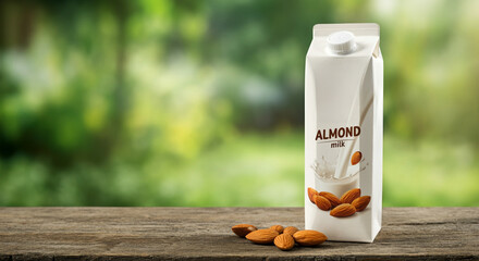 almond milk carton packaging with almonds on wooden background