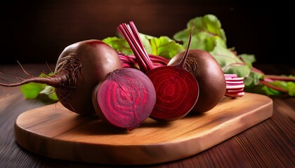 Fresh red beetroots on a wooden cutting board on table. Generated image