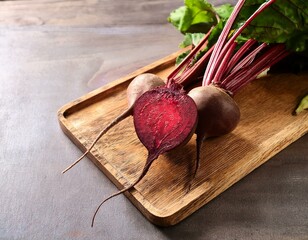 Fresh red beetroots on a wooden cutting board on table. Generated image