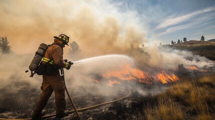 Obraz premium Firefighter in full protective gear using a water hose to combat a spreading wildfire with thick smoke and dry vegetation