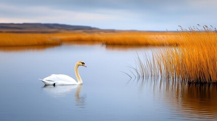 Obraz premium A serene scene featuring a swan gracefully swimming in calm waters, surrounded by golden reeds under a cloudy sky.