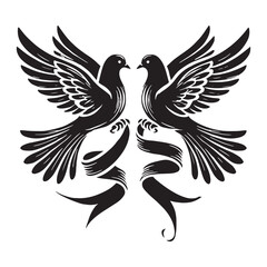 Two doves gently holding a ribbon, a symbol of love - Dove silhouette - Dove vector - Dove illustration - valentine silhouette - love silhouette
