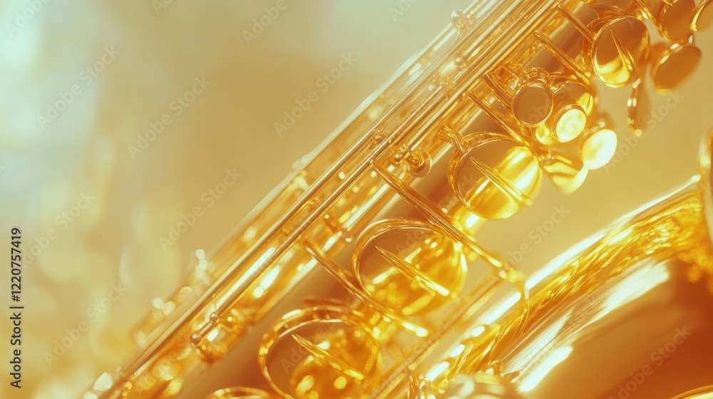 Poster close-up of a gleaming saxophone showcasing intricate details against a golden backdrop