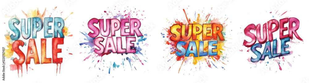 Poster the image showcases four watercolor renditions of the words super sale, each with a unique color sch