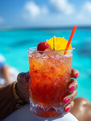 Close-up of elderly woman's hand with vibrant red nails holding a colorful cocktail. aging gracefully, enjoying retirement, celebrating life, senior lifestyle